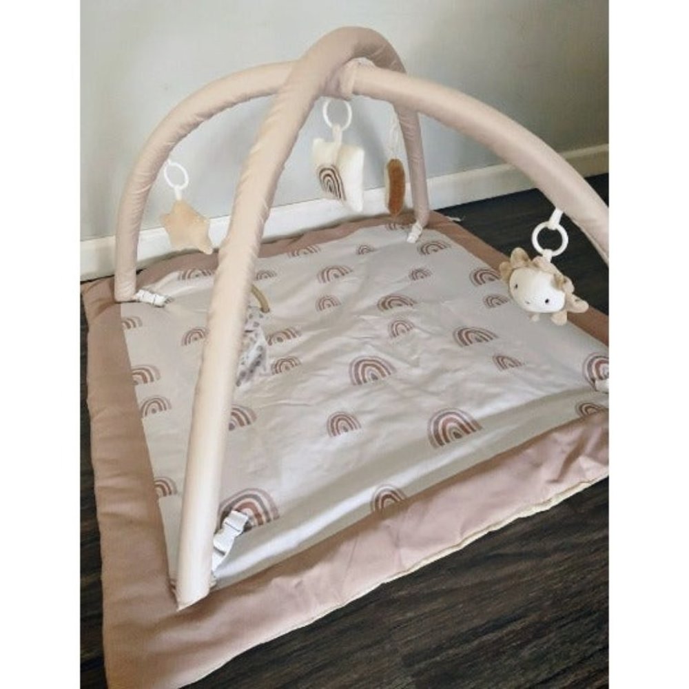 Washable Tummy Time Mat, Baby Play Gym with 6 Featured Toys and 12 Milestone Car